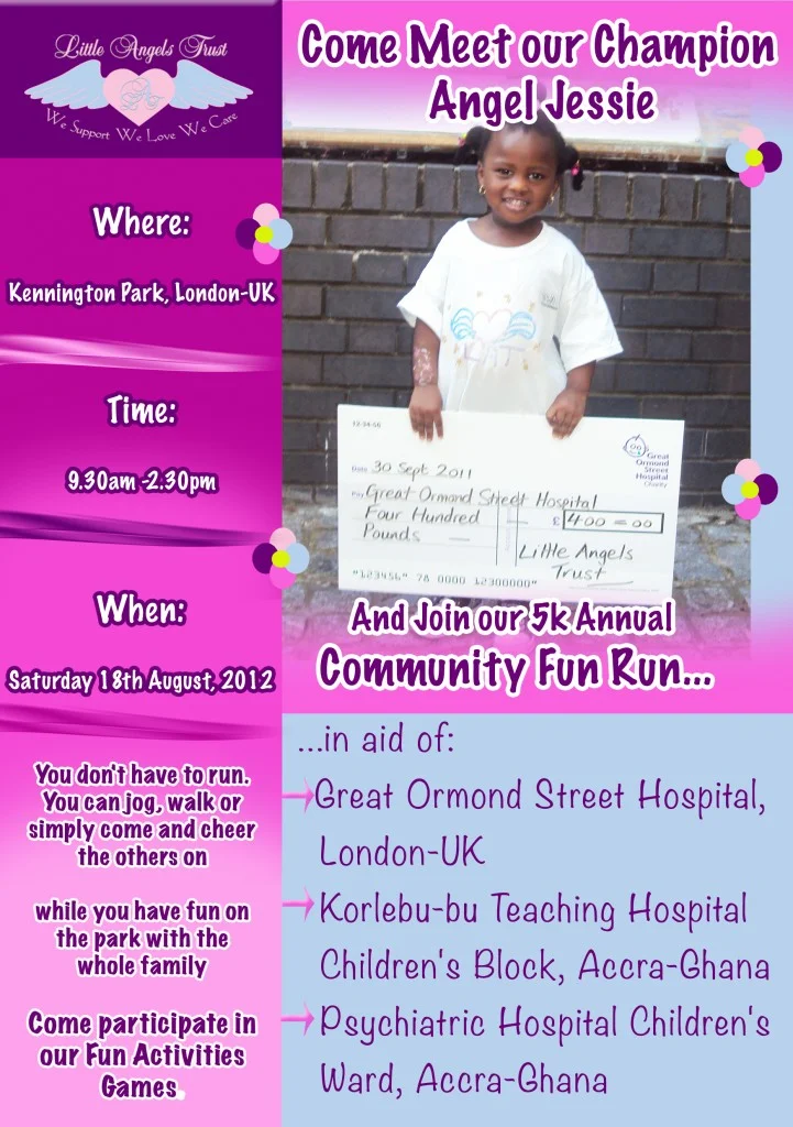 The 2012 Community Fun Run is back at Kennington Park in aid of Great Ormond Street Hospital, Korlebu-bu Teaching Hospital in Ghana, and the Psychiatric Hospital Children's Ward in Accra.